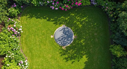 Vibrant aerial view of a lush green garden with blooming pink and white flowers surrounding a circular feature bathed in dappled sunlight