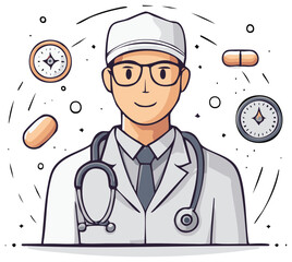 Smiling doctor with stethoscope and medical tools illustration