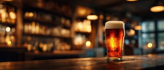 The beer glass on a wooden bar counter with warm bokeh background