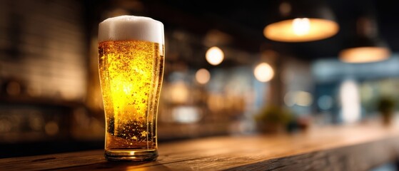 The Beer Glass on a Wooden Bar Counter with Golden Bokeh Lighting