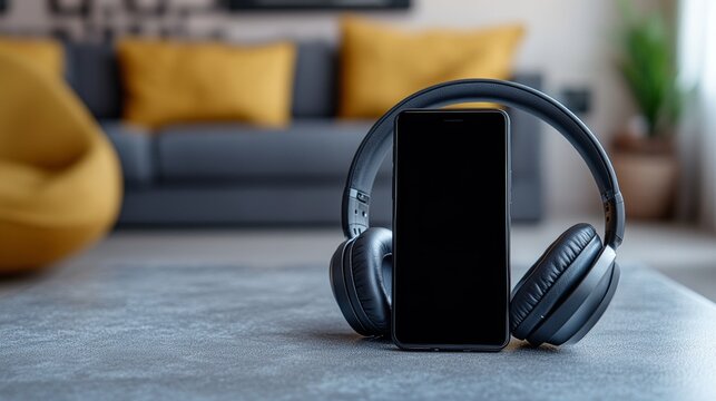 A smartphone placed upright surrounded by modern wireless headphones on a living room carpet with a sofa and yellow cushions in the background, music, technology, entertainment and digital lifestyle.