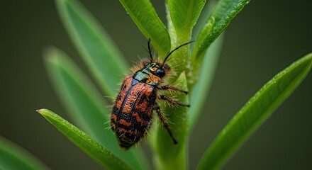Intricate macro view of a vibrant, fuzzy beetle with iridescent green and orange markings clinging to a lush green plant stem, highlighting nature's detailed beauty.
