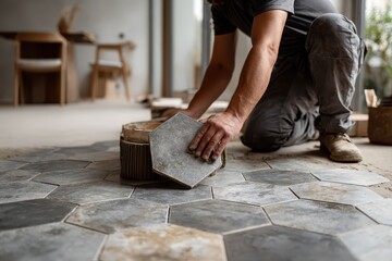 Flooring expert expertly laying hexagon tiles on an indoor surface in a modern renovation project, showcasing craftsmanship and attention to detail