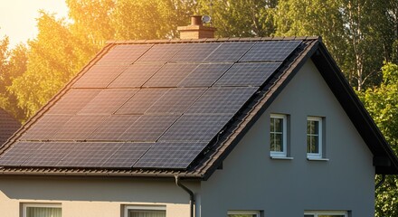 Modern home rooftop adorned with gleaming solar panels captures abundant sunlight, promising sustainable energy and a brighter future for eco-conscious living.