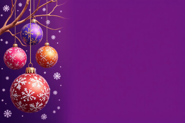 beautiful christmas balls banner with text space. isolated on purple background. 3d rendering.