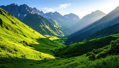 Obraz premium Lush Green Mountain Valley Under Bright Sunlight with Snow Capped Peaks Majestic Mountain Landscape Scenic View Natural Light High Angle