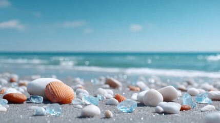 Obraz premium Turquoise Ocean with Seashells and White Pebbles on Sandy Beach in Sunlight
