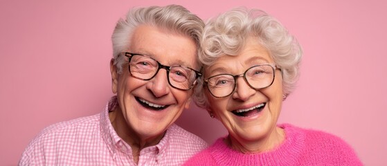 The senior couple smiling and embracing in a bright pink studio portrait, joyful