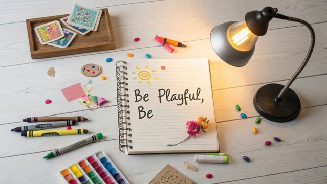 Creative Workspace with Colorful Art Supplies and Playful Notebook on a Bright Tabletop