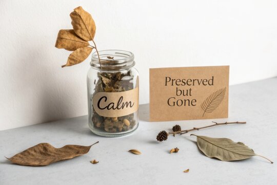Calm Preserved Leaves in Glass Jar with Paper Card on Light Table, Symbolizing Nature's Beauty and Transition