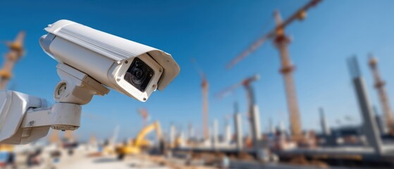 The security camera watching over busy construction site with cranes and industrial equipment