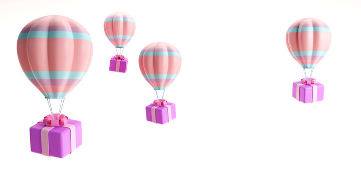 3D rendering of Color hot air balloon flying with a gift box on white background