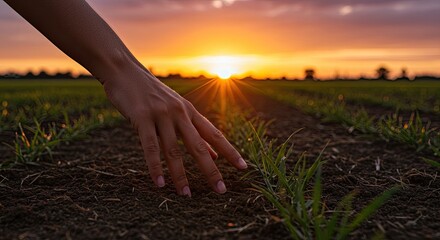 Gentle hand brushes young green shoots in fertile soil at golden hour sunset, symbolizing growth, nature's bounty, and agricultural promise