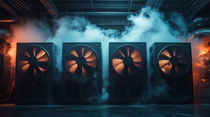 Four large industrial cooling fans releasing thick white smoke inside a dark facility, illuminated with glowing orange light, power, technology, ventilation, cooling systems, industrial engineering.