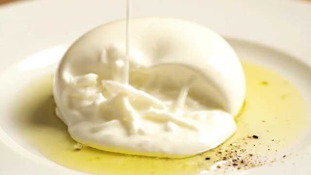 Slicing Open a Fresh Creamy Ball of Italian Burrata Cheese.