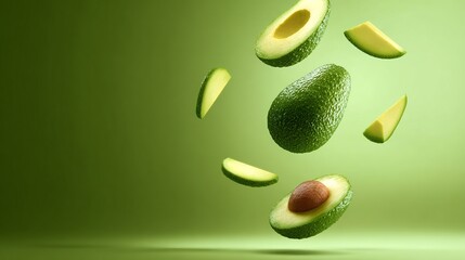 Avocado falling down with gradients background.