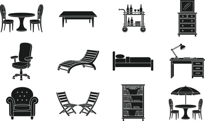 Black Silhouettes of Home and Office Furniture in Vector Style Featuring Chairs, Tables, Beds, Desks, and Interior Design Elements