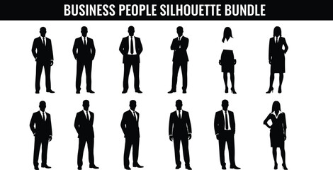Business People Silhouette Bundle Featuring Professional Men and Women in Corporate Attire, Standing Poses, Office Gestures, and Formal Postures