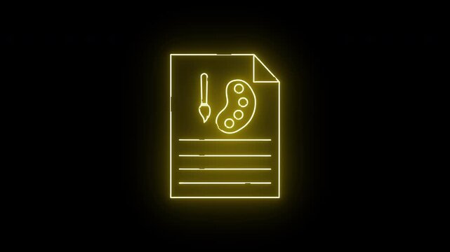Glowing neon icon a document with a paintbrush and palette outline on a black background