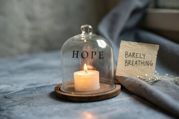 Candle Glowing in Glass Dome With Words Hope on a Soft Fabric Surface and Nearby Note Barely Breathing