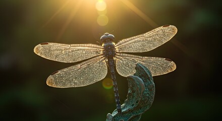 Captivating macro view of a luminous dragonfly perched on textured surface bathed in warm golden hour sunlight, showcasing intricate wing details and ethereal bokeh.