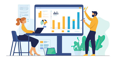 Business team analyzing sales performance data with bar chart and pie chart on large monitor in modern office environment flat vector illustration