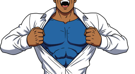 Superhero transformation illustration, muscular man ripping shirt open, strong male chest abs, comic book style power pose, dramatic action strength, hidden identity reveal artwork © Shami's World