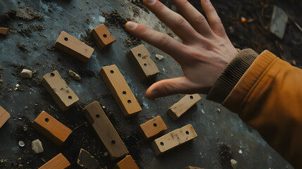 A view from above of a male hand preventing a row of collapsing dominoes, symbolizing risk management.