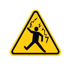 Warning sign of electric shock hazard danger with yellow triangle and black lightning bolt and human figure silhouette caution symbol for safety alert vector illustration