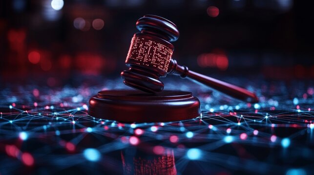 Judge wooden gavel with digital glowing details placed on network grid background, artificial intelligence law digital regulation, cyber justice, future governance, legal innovation, technology ethics