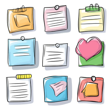 Hand drawn colorful sticky notes set with pins clips and heart shape reminder paper sketches for note taking and organization in doodle style vector illustration