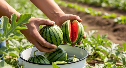Hands harvesting small, striped watermelons and placing them in a white bucket in a sunlit field, with one watermelon cut open to reveal its juicy red flesh, highlighting freshness and organic farming