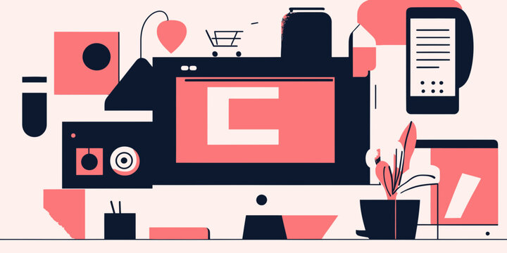 Flat minimalist vector illustration of modern workspace with desktop computer, laptop, smartphone, plants, coffee cup, stationery, and shopping cart icon for online business concept