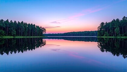 Fototapeta premium Twilight Serenity Calm Lake Reflects Dark Green Forest With Pink and Blue Sky Mirror Reflection in Still Water Surface Under Dawn Sunlight Peace