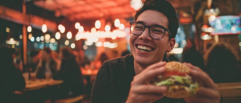 The person enjoying a burger in a cozy restaurant with warm bokeh lights - Powered by Adobe