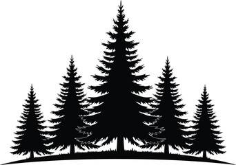 Fototapeta premium Group of seven black pine tree silhouettes arranged on a hill for forest landscape, nature design, and vector illustration use