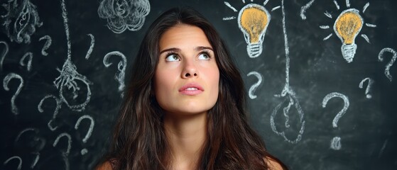 The woman looking up at chalkboard with drawn lightbulbs and question marks