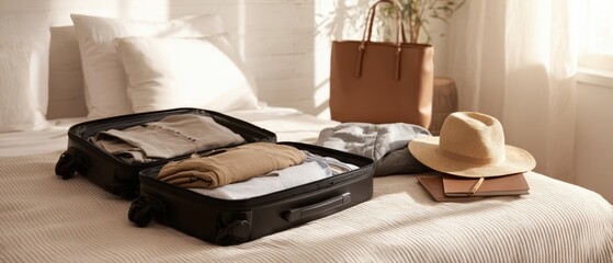 The Suitcase Packed on a Sunlit Bed Ready for a Weekend Getaway