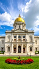 Fototapeta premium Exterior of a stately, light-colored government building. Golden dome, classic architecture, red flowers in front