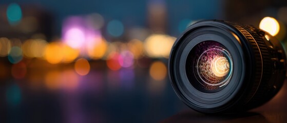 The Camera Lens Focused in Foreground with City Night Bokeh and Colorful Lights