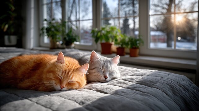 Two Cats Sleeping Peacefully on Bed with Natural Light and Potted Plants in Background