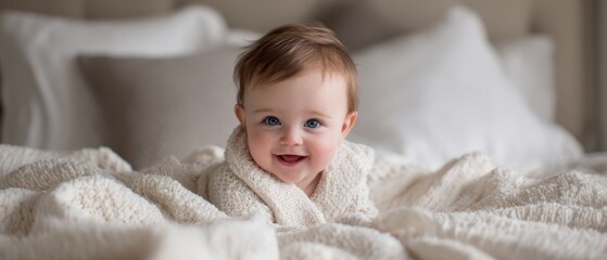 The Baby Smiling on a Cozy Knit Blanket in a Soft Sunlit Bedroom