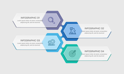 4 Step Hexagon Business Infographic Template Glassmorphism Design. Presentation, Banner, Brochure and Plan. Vector illustration.