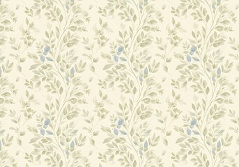 Vintage botanical wallpaper design with a repeating motif of muted watercolor flowers and vines on a light beige background