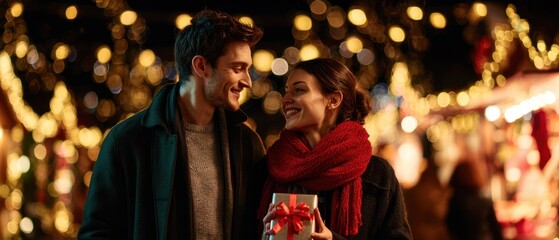 The couple sharing a joyful evening at a festive holiday market with wrapped gift