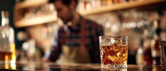 The glass of whiskey on a bar counter with a blurred bartender behind
