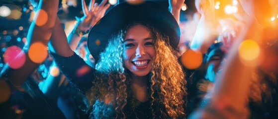 The smiling woman in a crowded vibrant nightclub celebrating with colorful bokeh lights