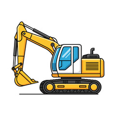 Bright yellow excavator construction vehicle isolated on a clean white background for industry projects