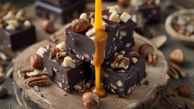 Gourmet Chocolate Brownies with Mixed Nuts &ndash; Dark Chocolate Dessert on Wooden Board for Bakery Marketing and Food Photography