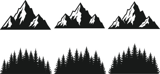 Mountain and Forest Silhouette Vector Set – Snow Peaks, Pine Trees, Nature Scenes for Outdoor, Adventure, and Environmental Design Use